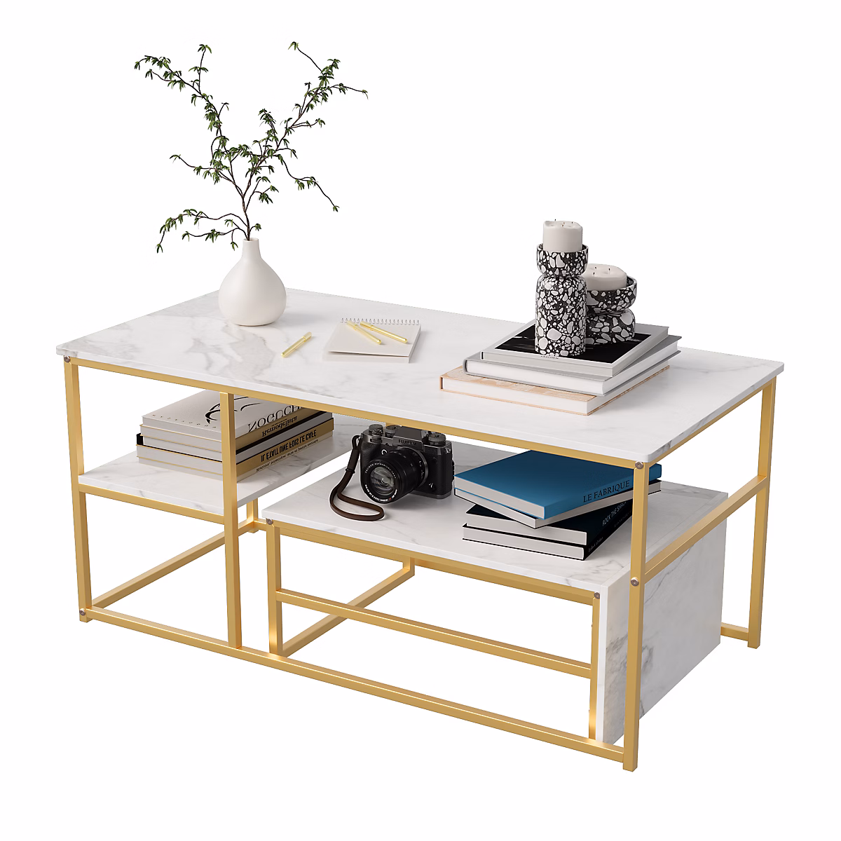 Ensemble De Deux Tables Basses Modernes – Cadre En Métal Effet Marbre,Pour Salon Et Balcon,Doré