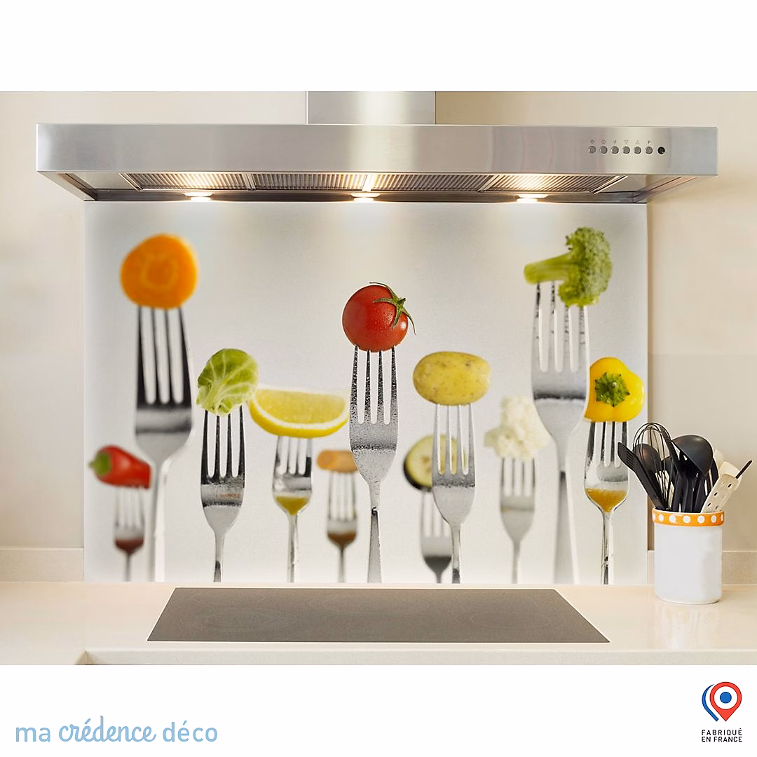 Crédence cuisine fond de hotte fourchettes et aliments – Verre trempé, L 90 cm x H 50 cm, MaCrédenceDéco