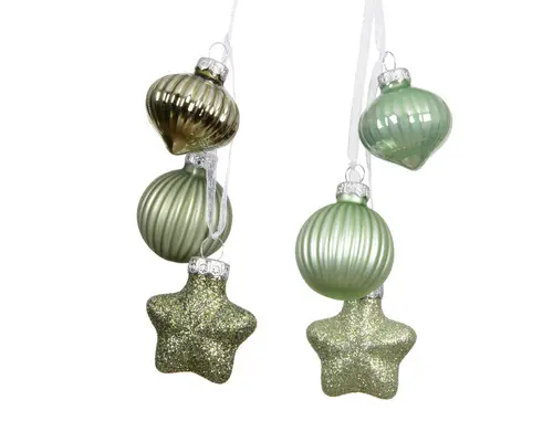 Grappe de décorations en verre mat vert avec forme oignon, boule et étoile - 3,5 x 4 x 11,5 cm