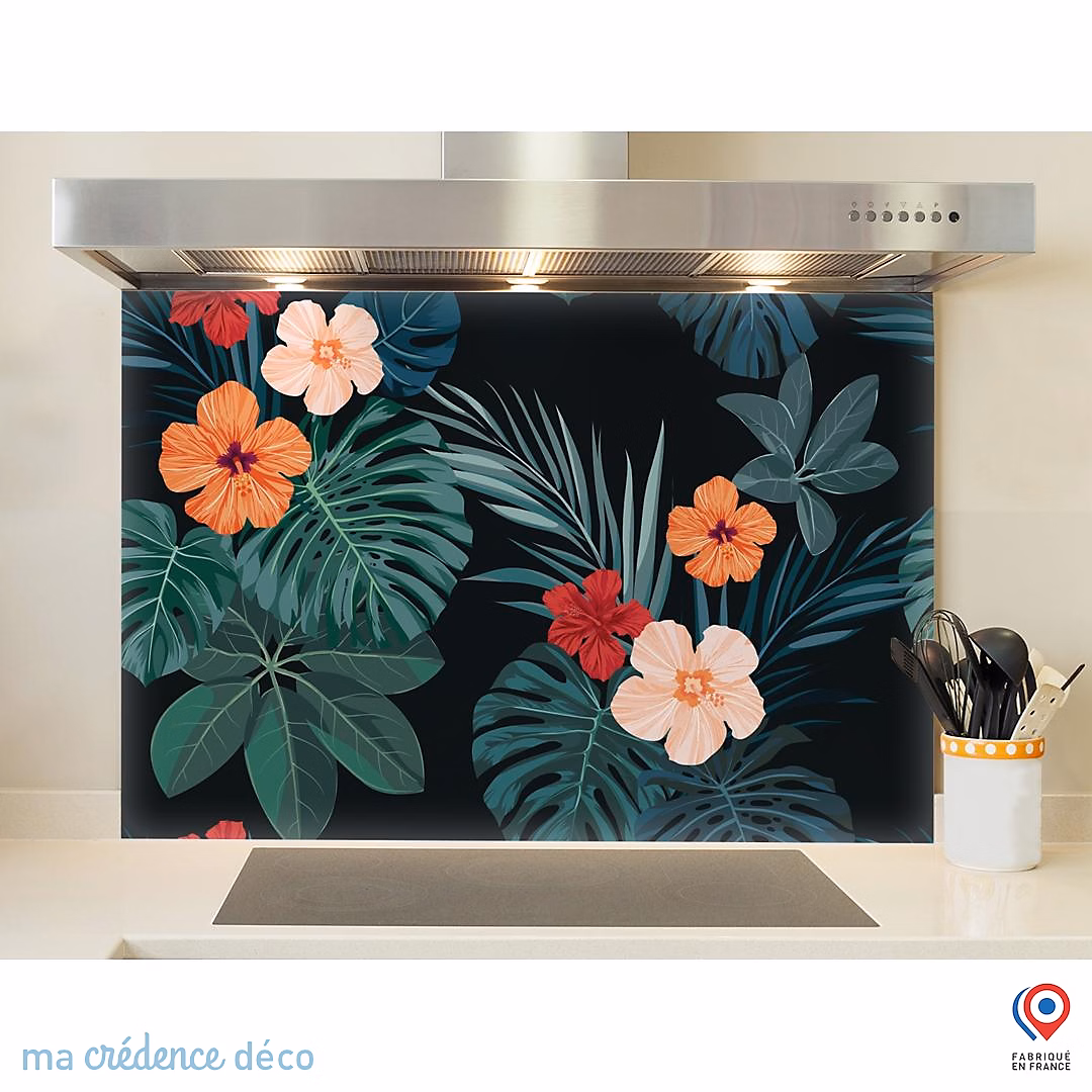 Crédence cuisine fond de hotte Végétation et hibiscus – Verre trempé, L 60 cm x H 45 cm, MaCrédenceDéco