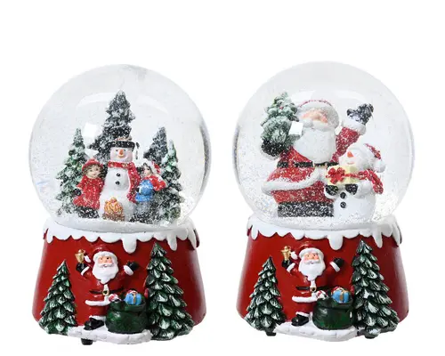 Boule à neige musicale en polyrésine rouge avec scène de Noël - Ø 10 x H 14,5 cm
