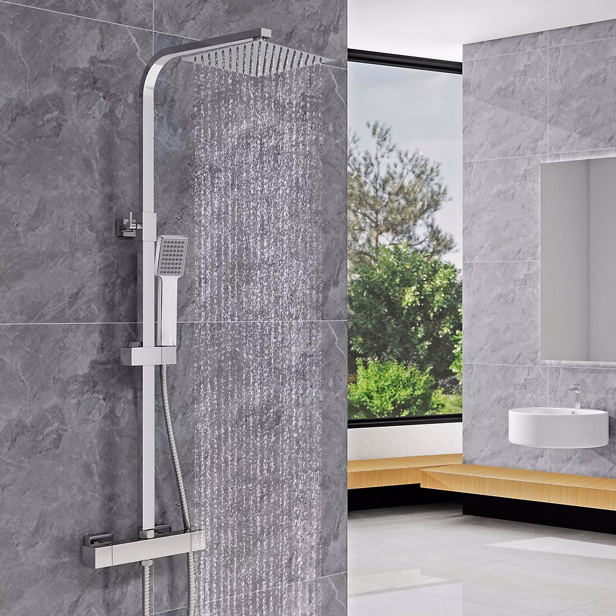AICA colonne de douche thermostatique avec pomme de tête – Carré, douchette et flexible, effet chromé