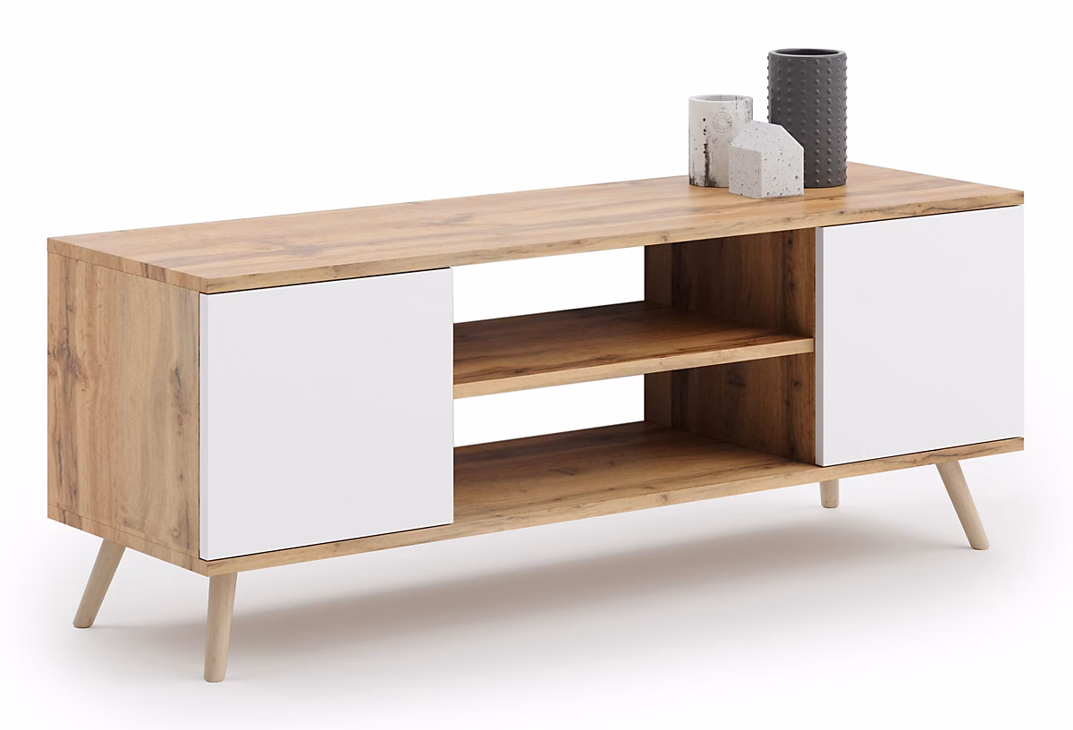 Armoire RTV 135 cm Chêne scandinave artisanal blanc doré – Réf. DSLLANIPG0900764210