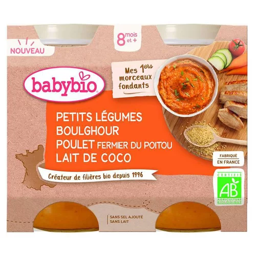 Petits pots pour bébé dès 8 mois légumes, boulghour, poulet et lait de coco avec morceaux Babybio Mes 1ers morceaux fondants – 2 x 200 g