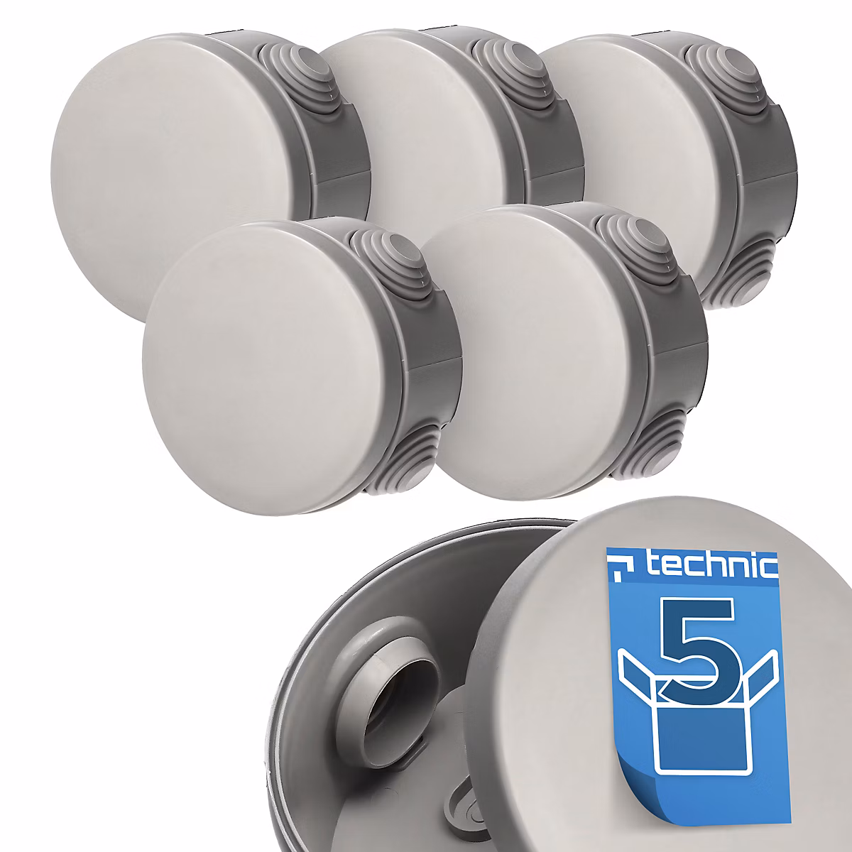 Boîte étanche en saillie avec presse – étoupes | résistante aux UV | fermeture à clipser | 89 × 47 mm | IP55 | gris | pièces | lot de 5