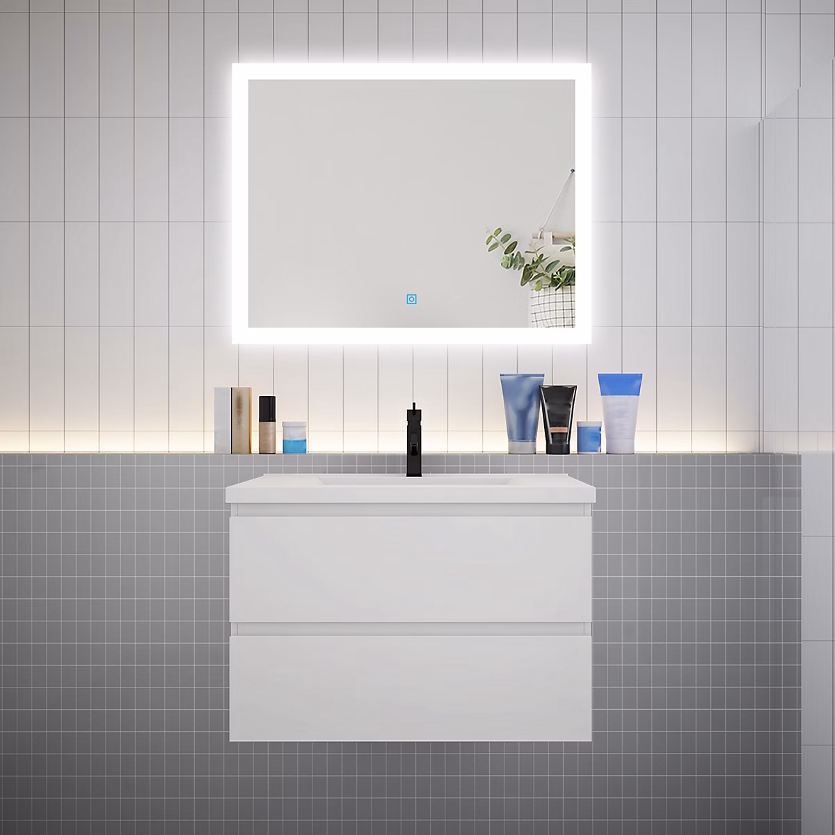 Ensemble meuble de salle de bains – Ensemble meuble vasque L.80cm blanc 2 tiroirs + led miroir + lavabo