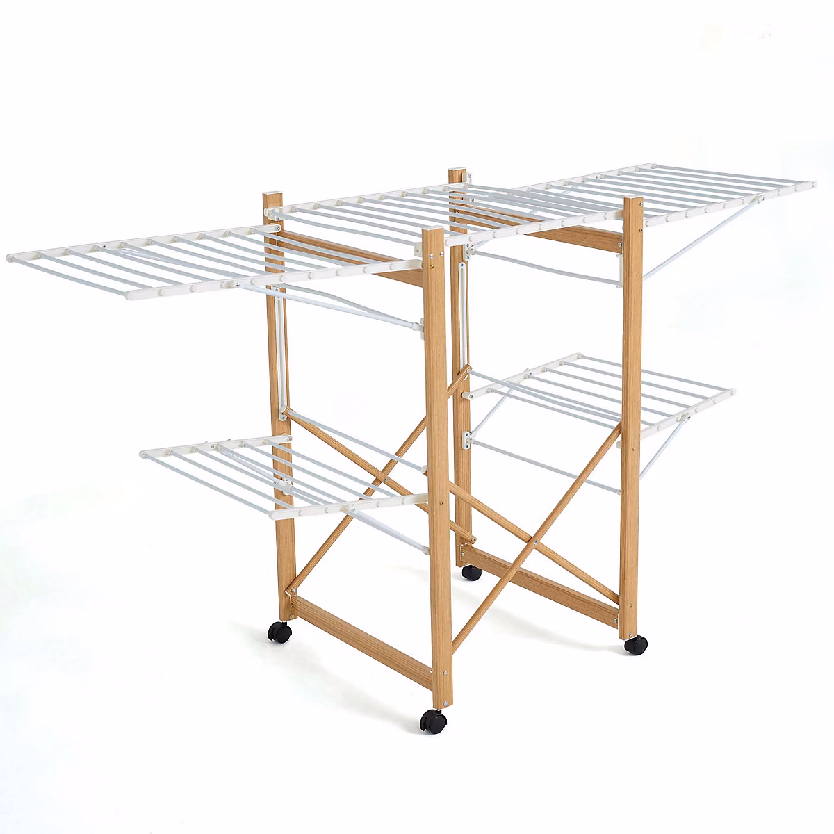 Étendoir à linge pliable sur roulettes 32 m d'étendage 2 niveaux – aluminium effet bois et plastique blanc, Kitchen Move Ushuaia