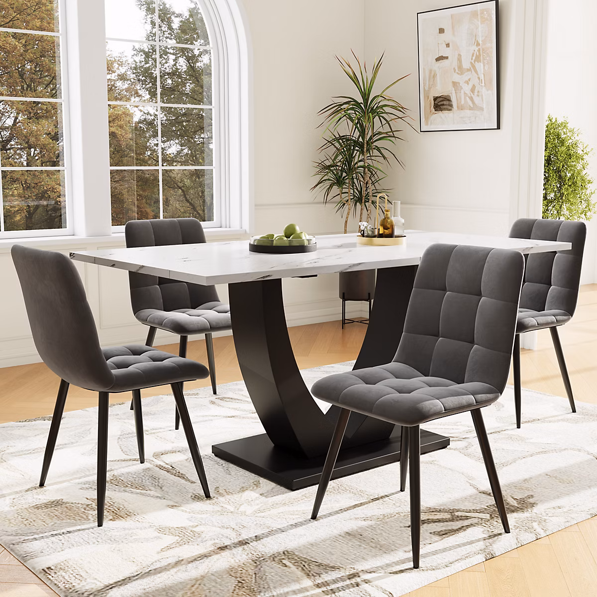 Ensemble table et chaise – Ensemble table à manger 140 cm MDF effet marbre avec 4 chaises en velours gris