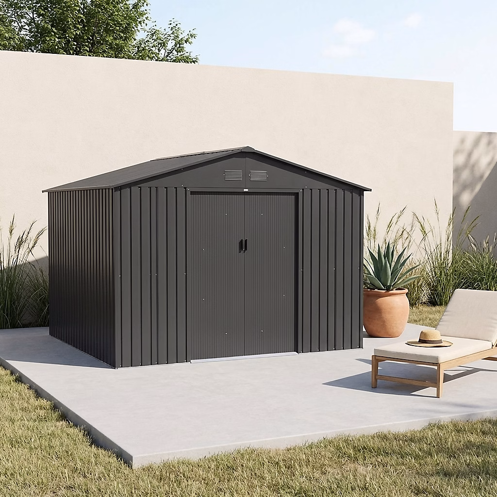 Abri de jardin en métal – Boulonnais | 10.85m² gris anthracite et blanc | Cabane à outils avec deux portes coulissantes. kit de