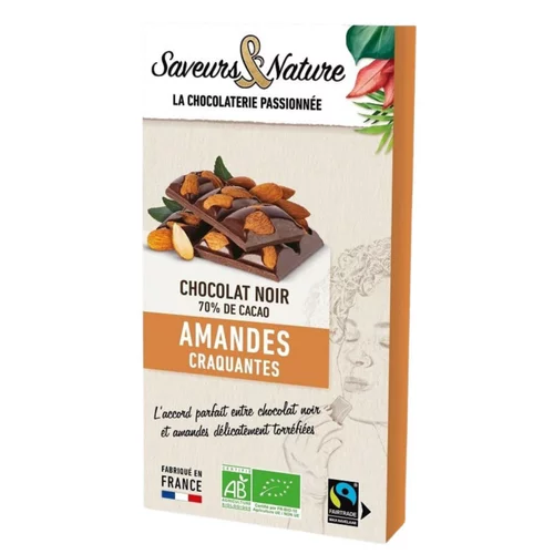 Chocolat noir amandes entières bio Saveurs et Nature - 100 g