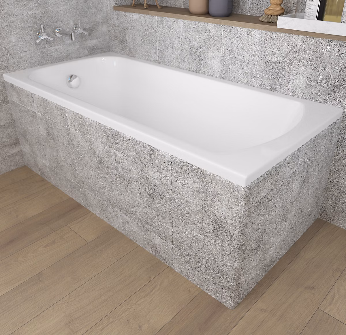 Baignoire rectangulaire 130 × 70 CLASSIC acrylique blanc + Habillage en polystyrène + Pieds + Vidage à chromé