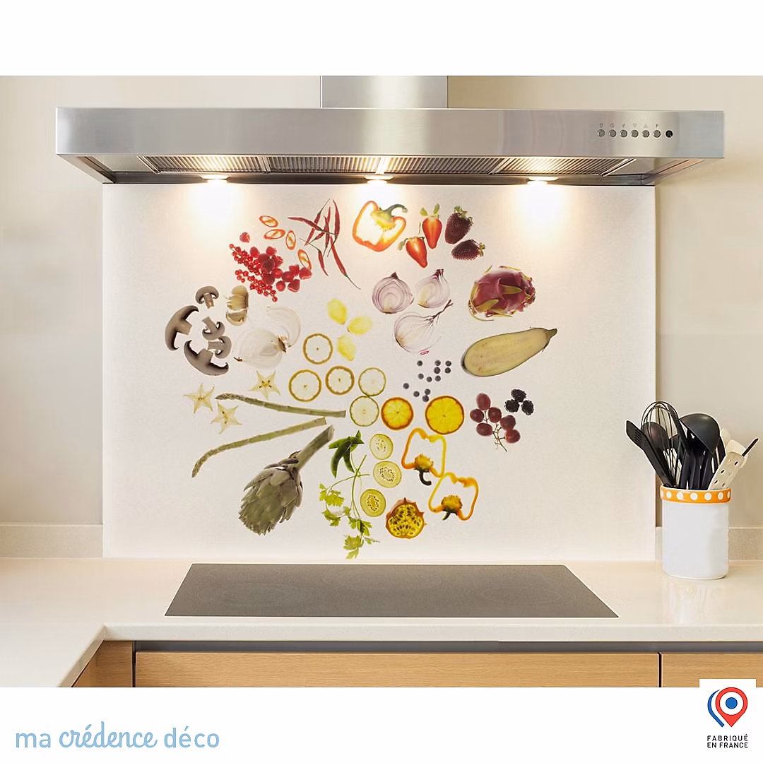 Crédence cuisine fond de hotte Légumes sur fond blanc – Verre trempé, L 90 cm x H 60 cm, MaCrédenceDéco