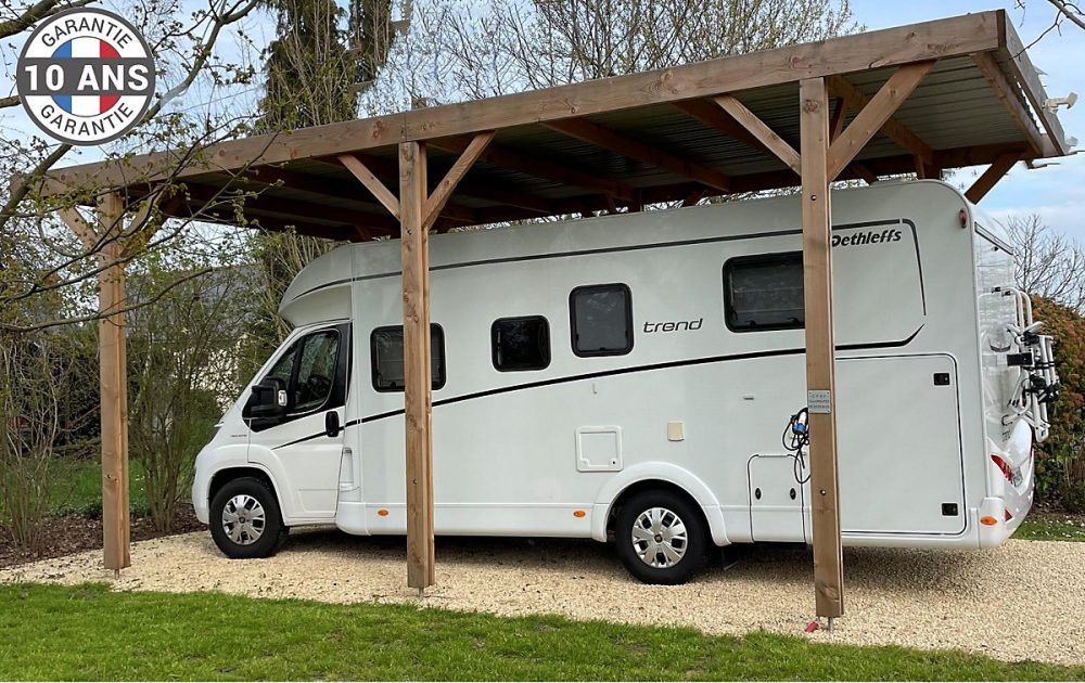 Carport toit plat 500cmx650cm bois DOUGLAS français (charpente | auvent – abri camping – car). 33 m². Garantie 10 ans.