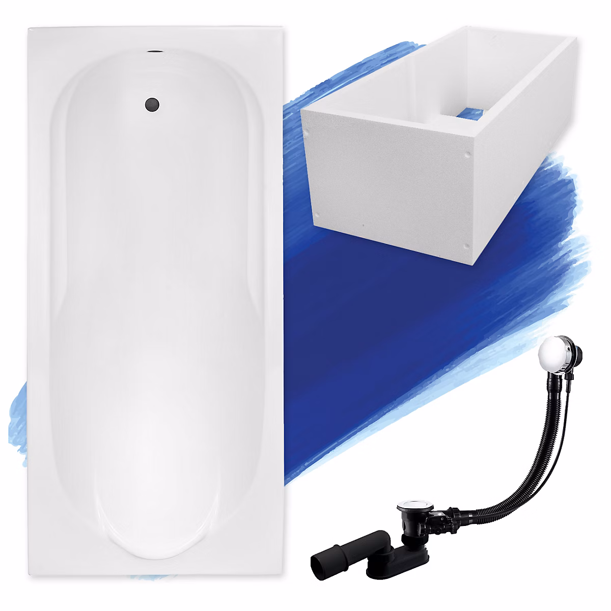 Baignoire rectangulaire 170 × 70 BONA acrylique blanc + Support stabilisateur en polystyrène + Pieds + Vidage à chromé