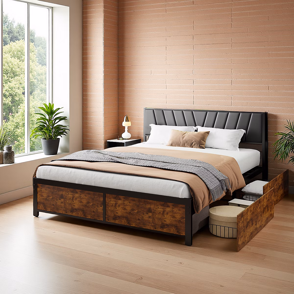 Cadre de Lit Double 180 × 200 cm avec Tiroirs Coulissants et LED – en Métal Noir et Bois, Parfait pour Chambre d'Adultes, USB, noir