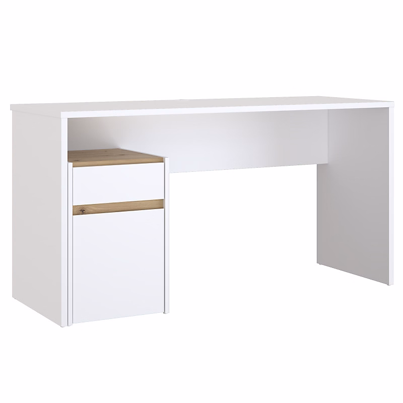 Bureau 140 cm blanc mat et décor bois de chêne avec caisson – ODYSSÉE