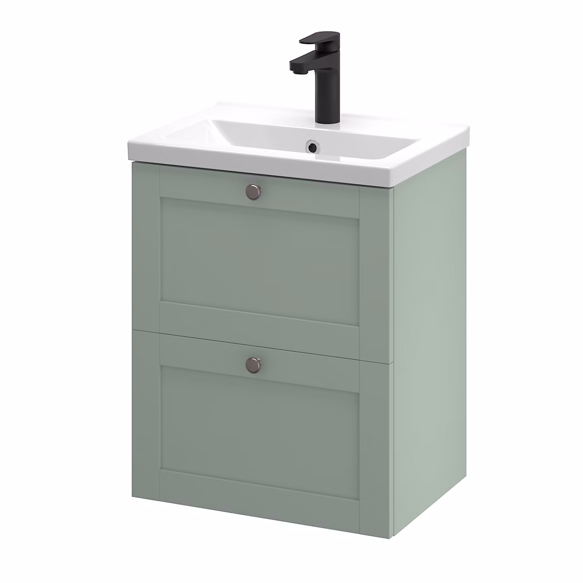 Meuble sous vasque suspendu vert sauge l.50 cm 2 tiroirs Imandra + plan vasque faible profondeur blanc céramique Nira – GoodHome