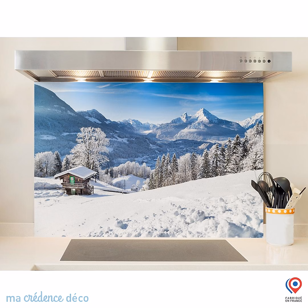 Crédence cuisine fond de hotte Montagnes enneigées – Verre trempé | L 60 cm x H 45 cm | MaCrédenceDéco