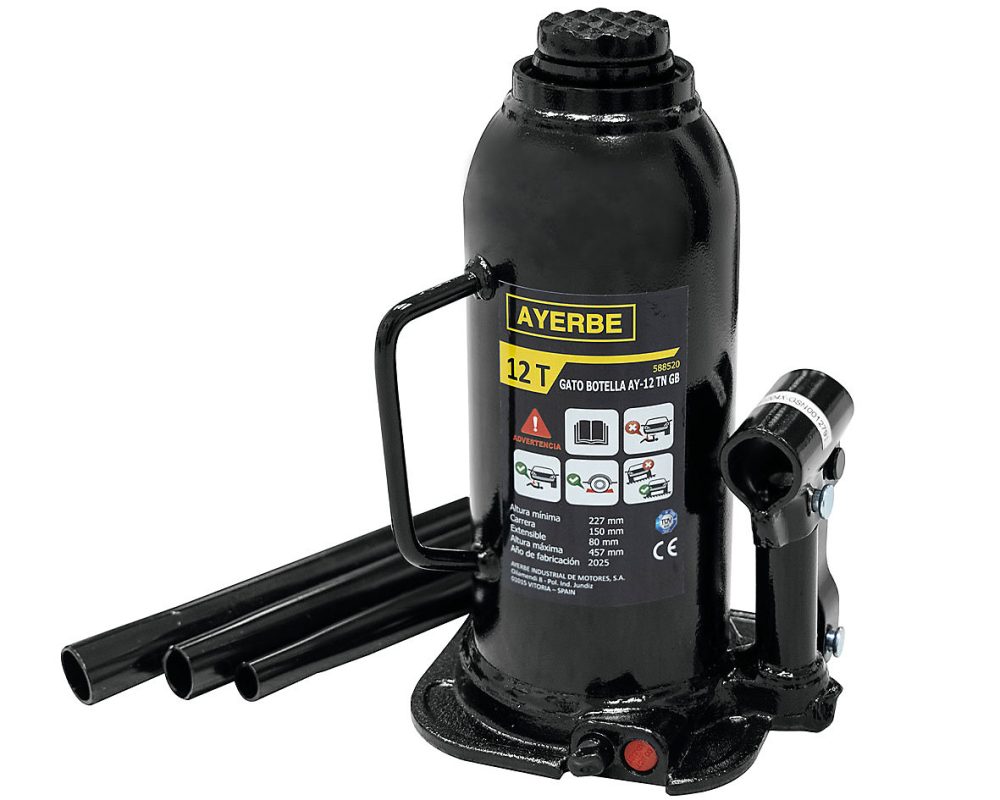 Cric hydraulique bouteille 12 tonnes hauteur 227 – 457 mm portable robuste