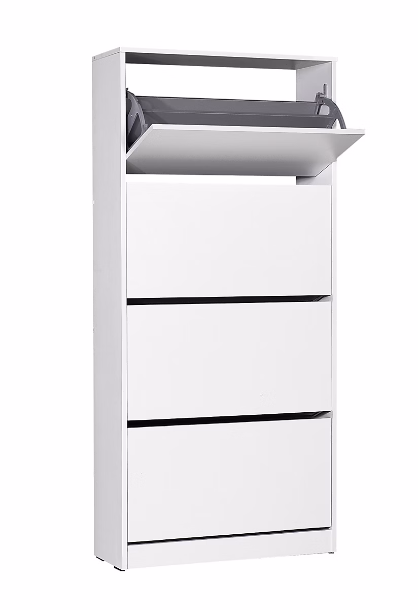 Commode à chaussures de 4 abattants coloris Blanc – longueur 73 x profondeur 26 x hauteur 157 cm