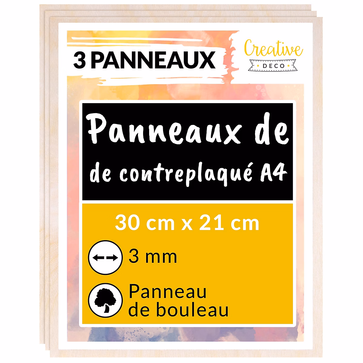 Creative Deco 3 x A4 Contreplaqué 300 × 210 × 3mm (+/-0 – 5mm), Bois Brut Bouleau, Panneau Découpe Laser, Pyrogravure Gravure