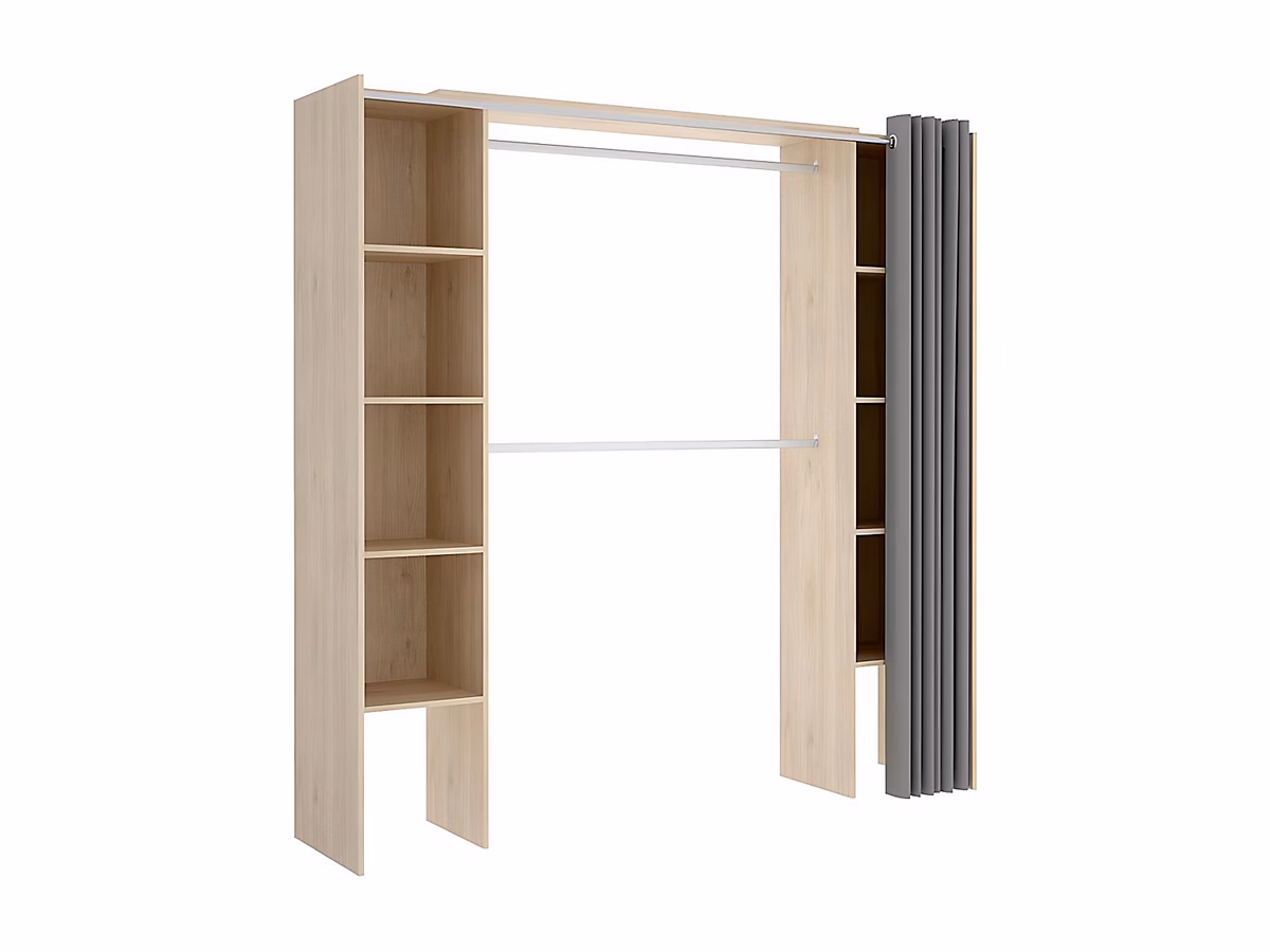 Dressing extensible DORIAN avec rideau – L110/180 cm, Coloris : Chêne et gris