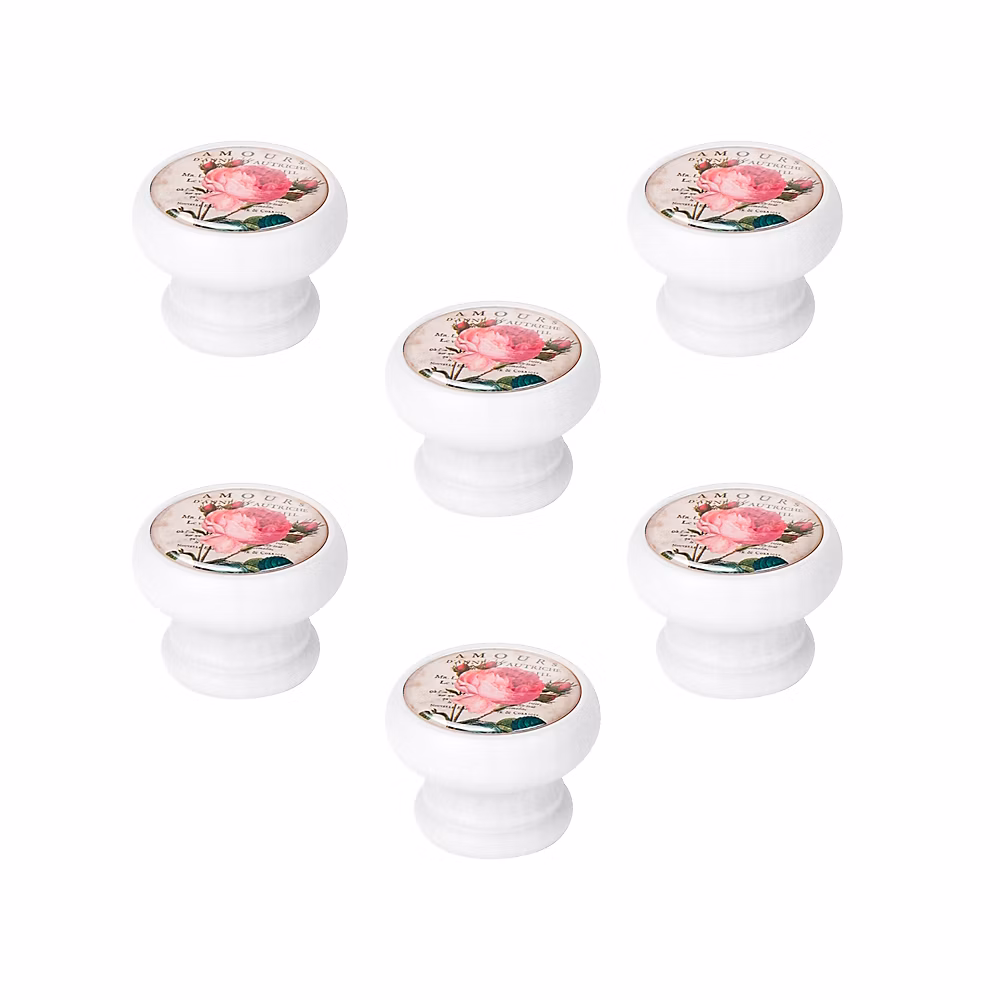 6 Un. bouton poignées de meuble Vintage Retro bois laqué blanc roses – diamètre 40MM