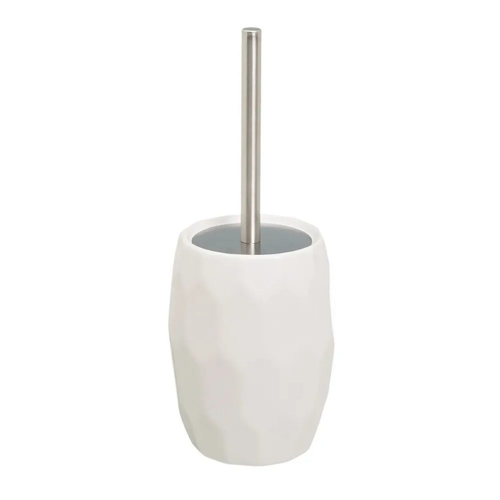 Brosse à toilettes avec poignée en acier Gris et support en céramique Blanc – Longueur 12 x Largeur 12 x Hauteur 33 cm