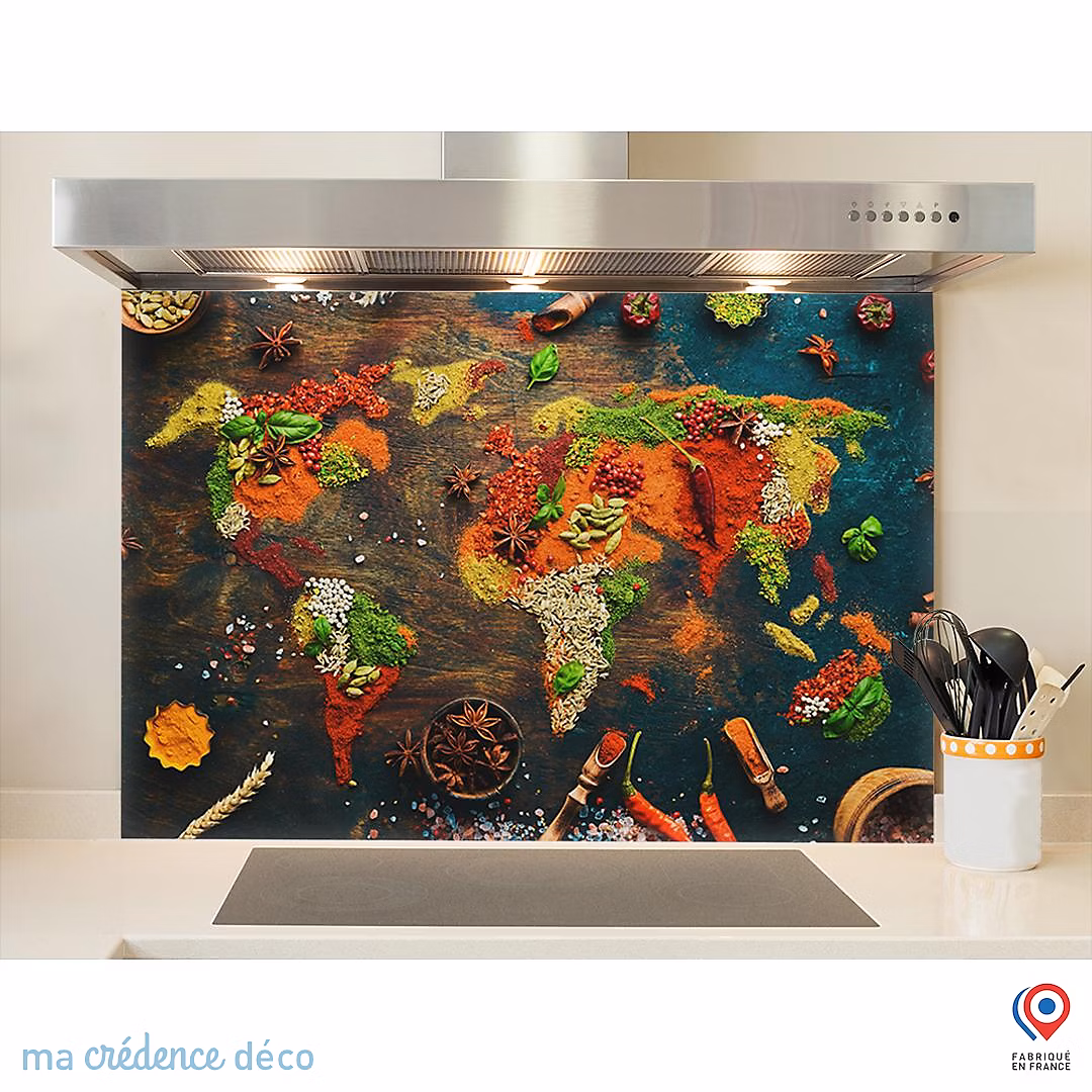 Crédence cuisine fond de hotte Epices et carte du monde 2 | Verre trempé – L 90 cm x H 60 cm – MaCrédenceDéco