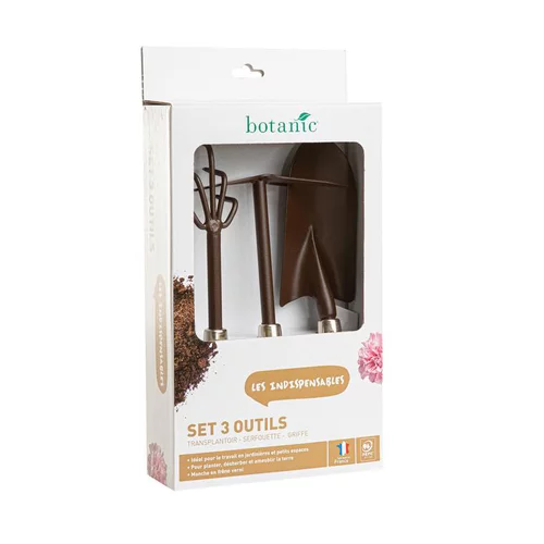 Lot d'outils à main pour le jardin coloris marron (transplantoir, serfouette, griffe) botanic® - 3 outils