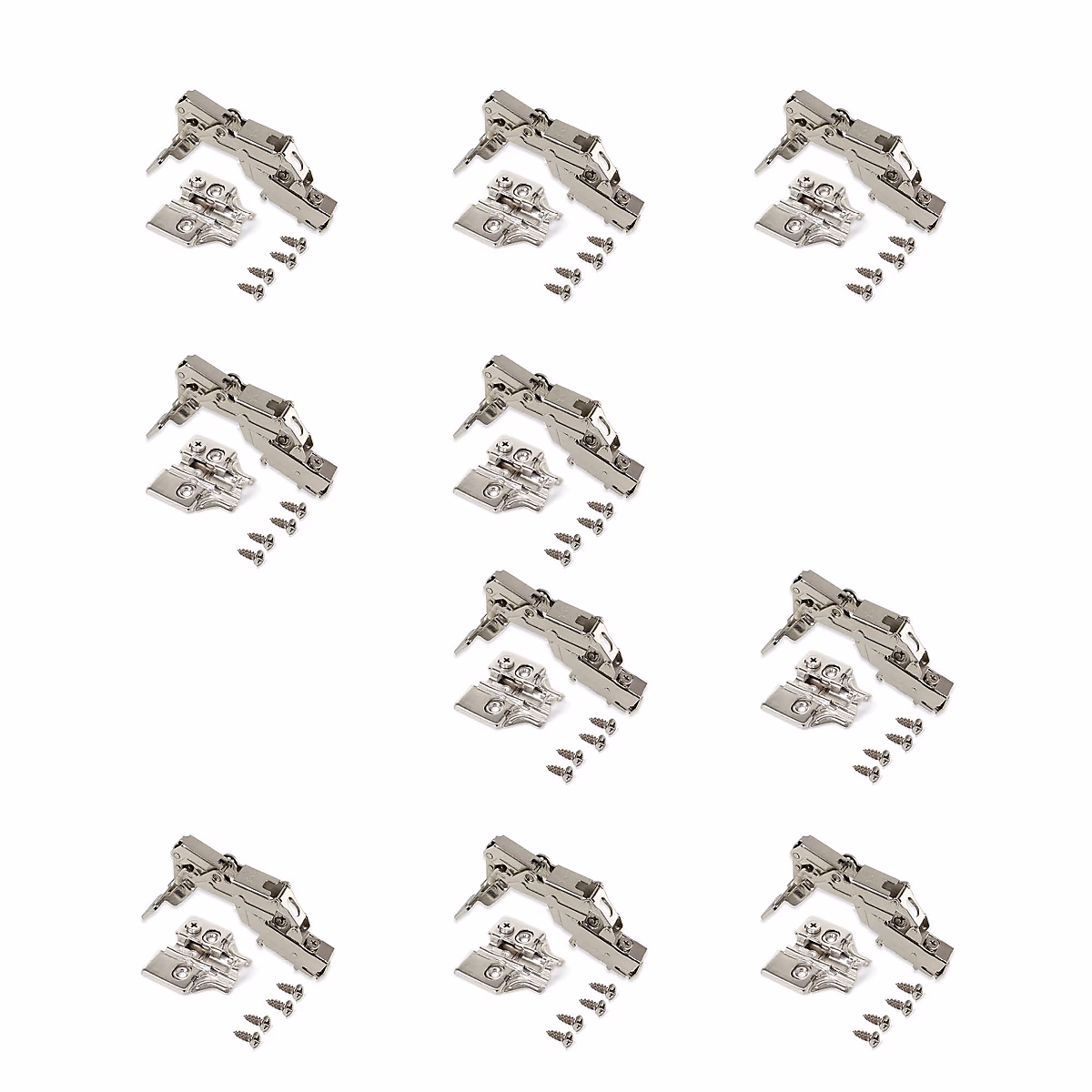 Emuca Lot de 10 charnières Super coudées X91 Ouverture à 165 degrés avec fermeture amortie et embases à visser – Hauteur 0, Acier