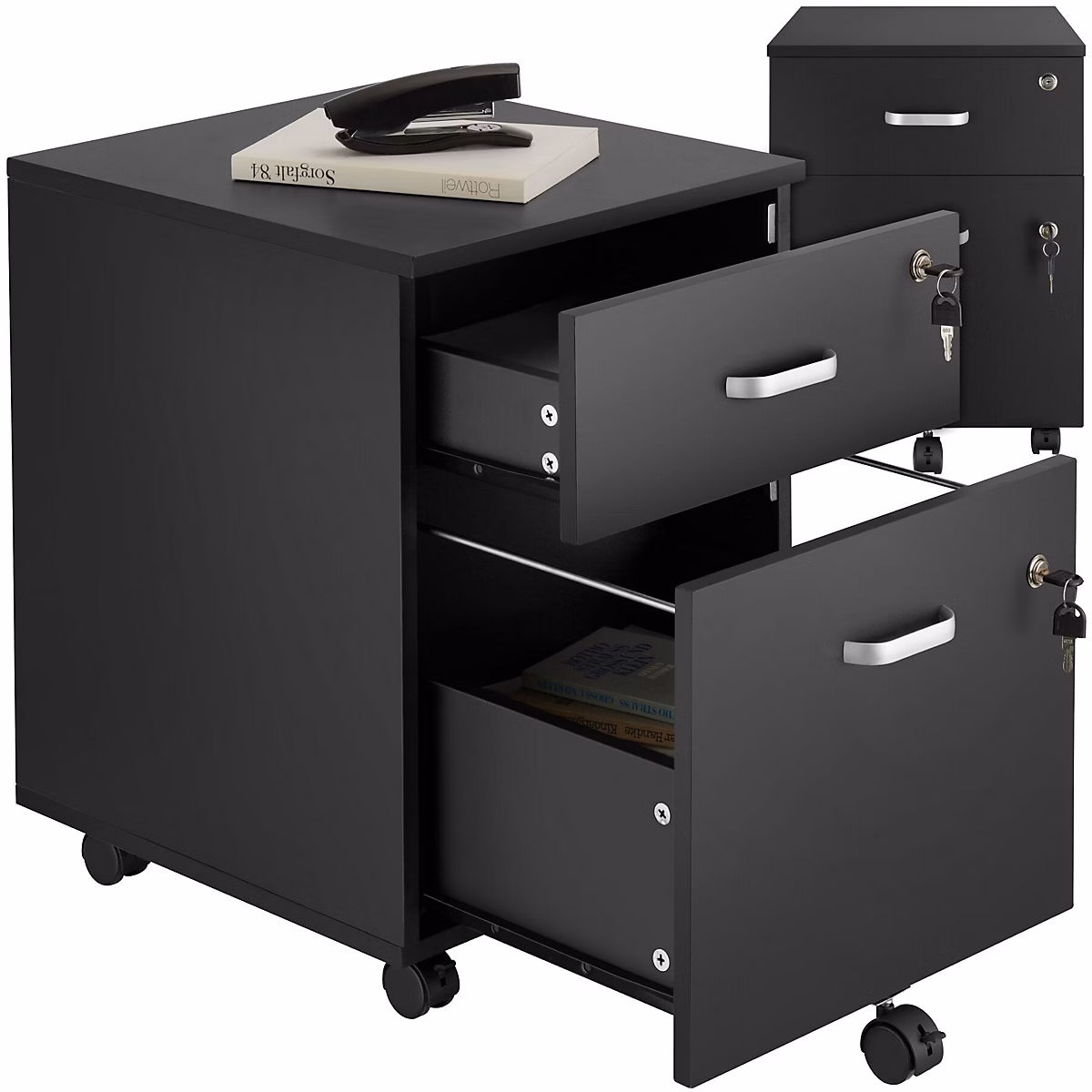Rangement bureau – Caisson à roulettes avec 2 tiroirs pour documents format A4 noir