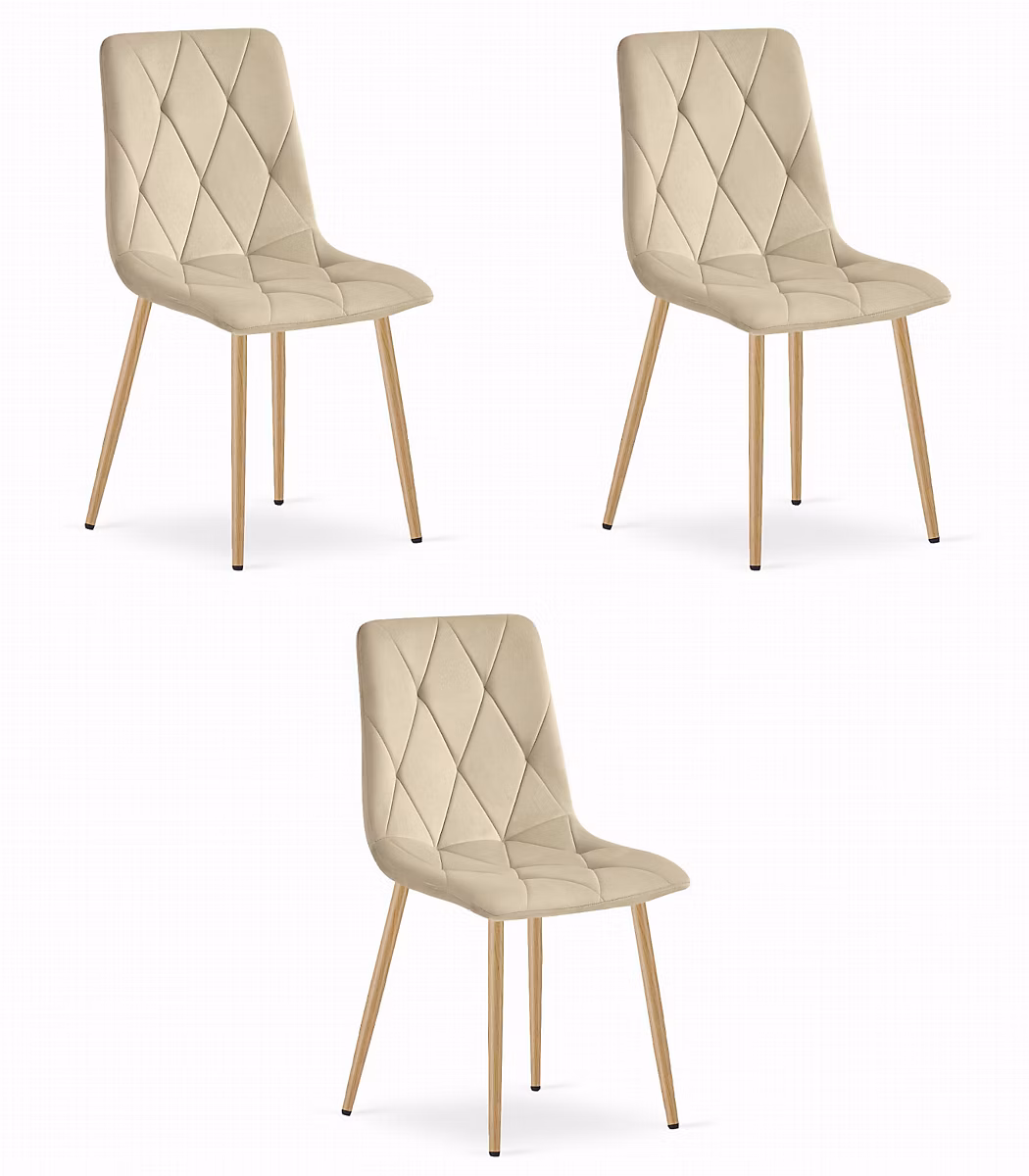 Chaise Valora TYRA en velours beige clair – pieds couleur bois x3