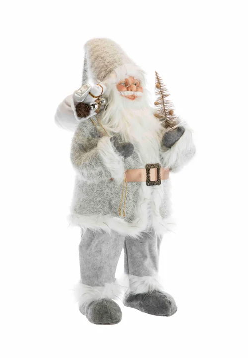 Père Noël en tissu gris et blanc avec hotte de cadeaux et sapin - 80 cm