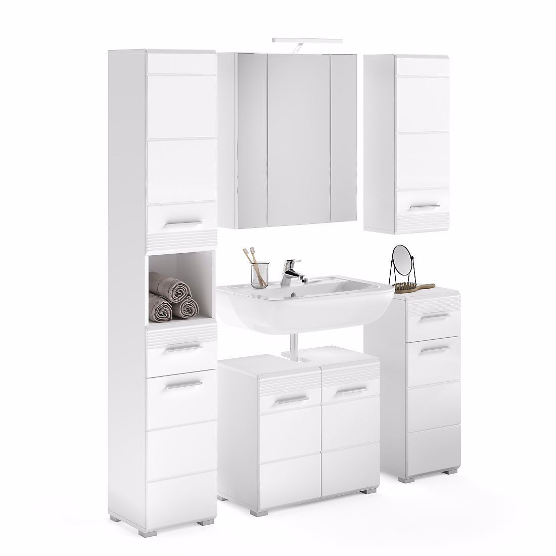 Ensemble de salle de bain : meuble sous vasque et 2 demi colonne et meuble de rangement avec miroir et LED et colonne de salle de – Réf. VAHESOCVR0519620066