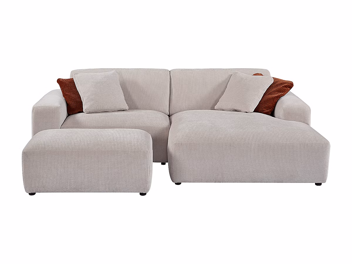 Canapé d'angle droit et pouf en velours côtelé beige TIRONO de Maison Céphy | Canapé
