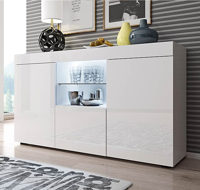 Design Ameublement – Buffet Bahut SEFORA LED | 3 portes | Blanc Brillant | 135 × 72 × 34cm