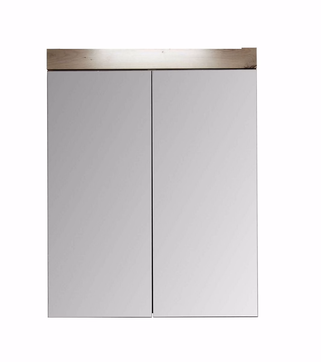 AMANDA – Armoire de toilette murale, 2 portes miroir, Mélaminé Blanc/Chêne. L, H, P : 60, 77, 17 cm