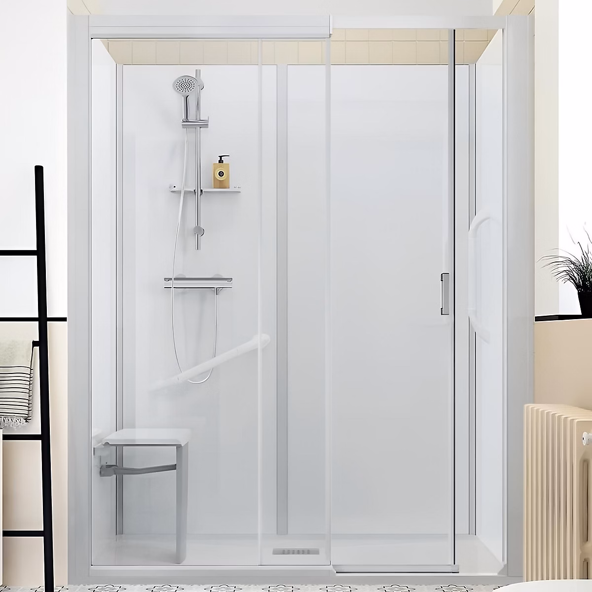 Cabine de douche Kinedo Kinemagic Design 100 × 80 niche mixte coulissante verre transparent avec mitigeur