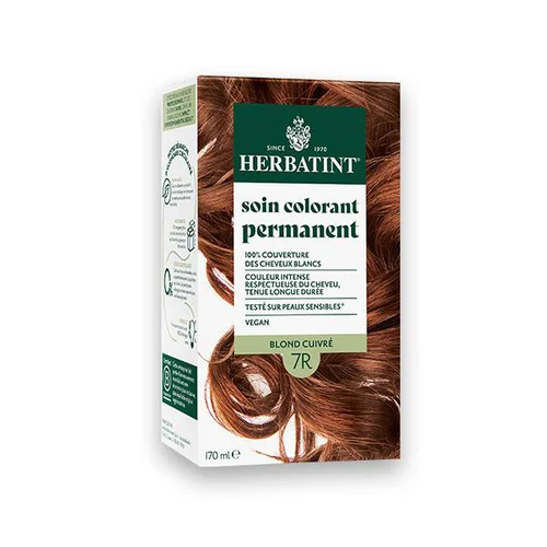 Coloration permanente pour cheveux blond cuivré 7R aux extraits végétaux biologiques vegan Herbatint - 170 ml