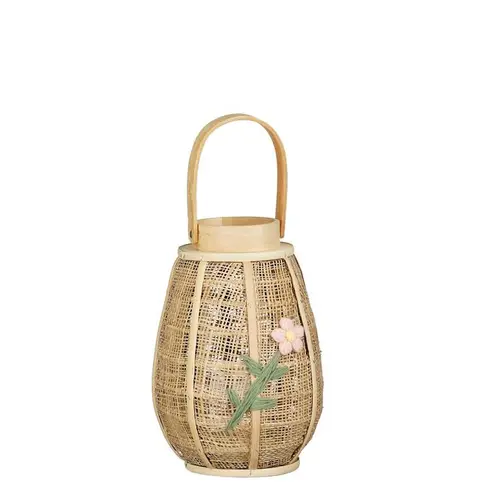 Lanterne en toile de jute marron avec motif fleur rose - Ø 20 x H 28 cm