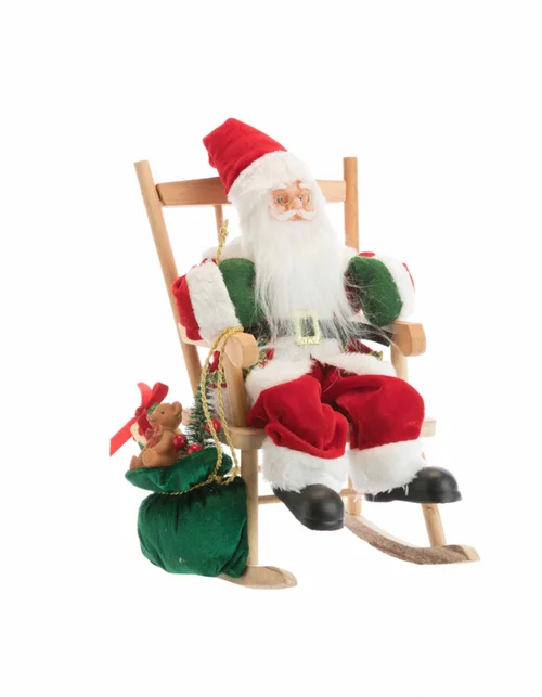 Père Noël traditionnel en tissu rouge et vert assis sur une chaise avec hotte posée - 30 cm