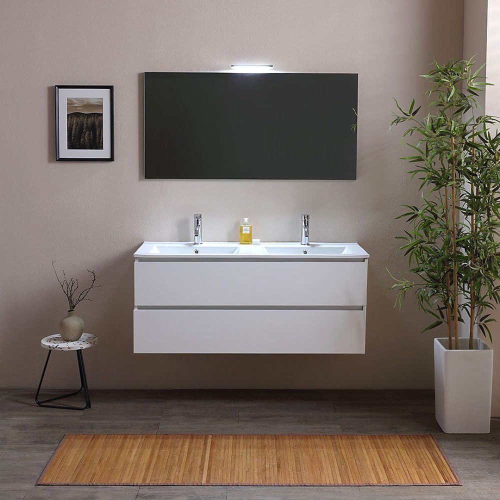 Armoire De Toilette 120 Cm Avec 2 Tiroirs Blanc Effet Bois Double Lavabo Led Light – Berlin