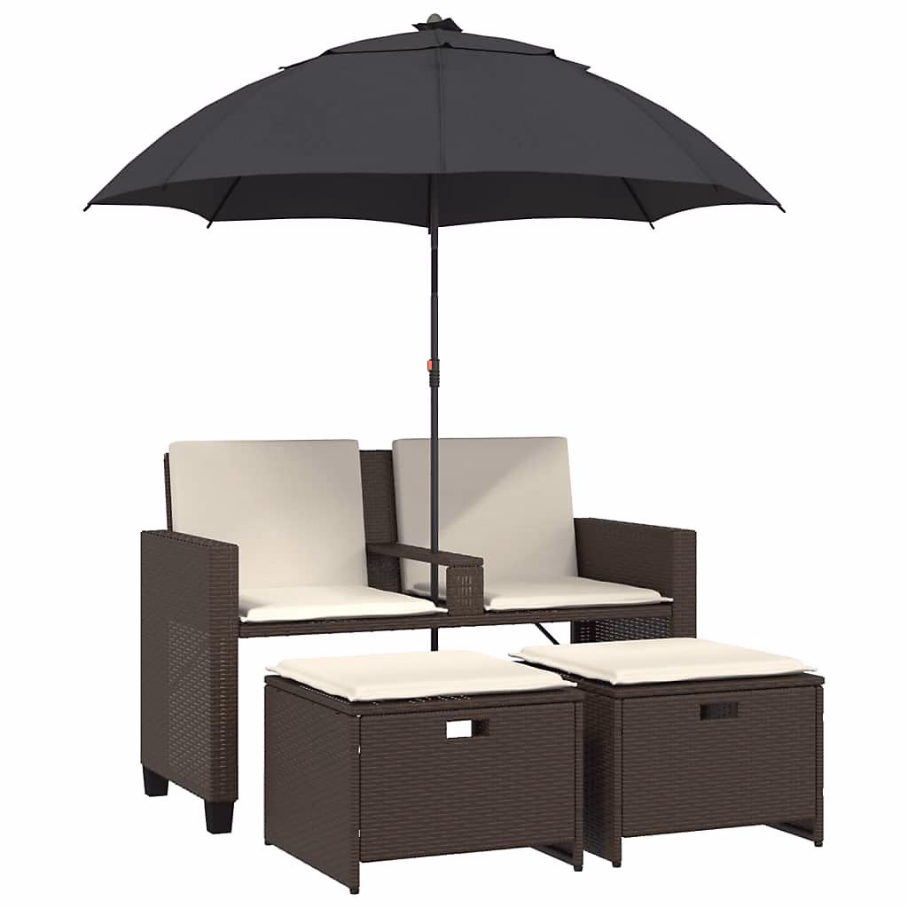 Salon et mobilier de jardin – Canapé de jardin 2 places et parasol et tabourets marron rotin vidaXL