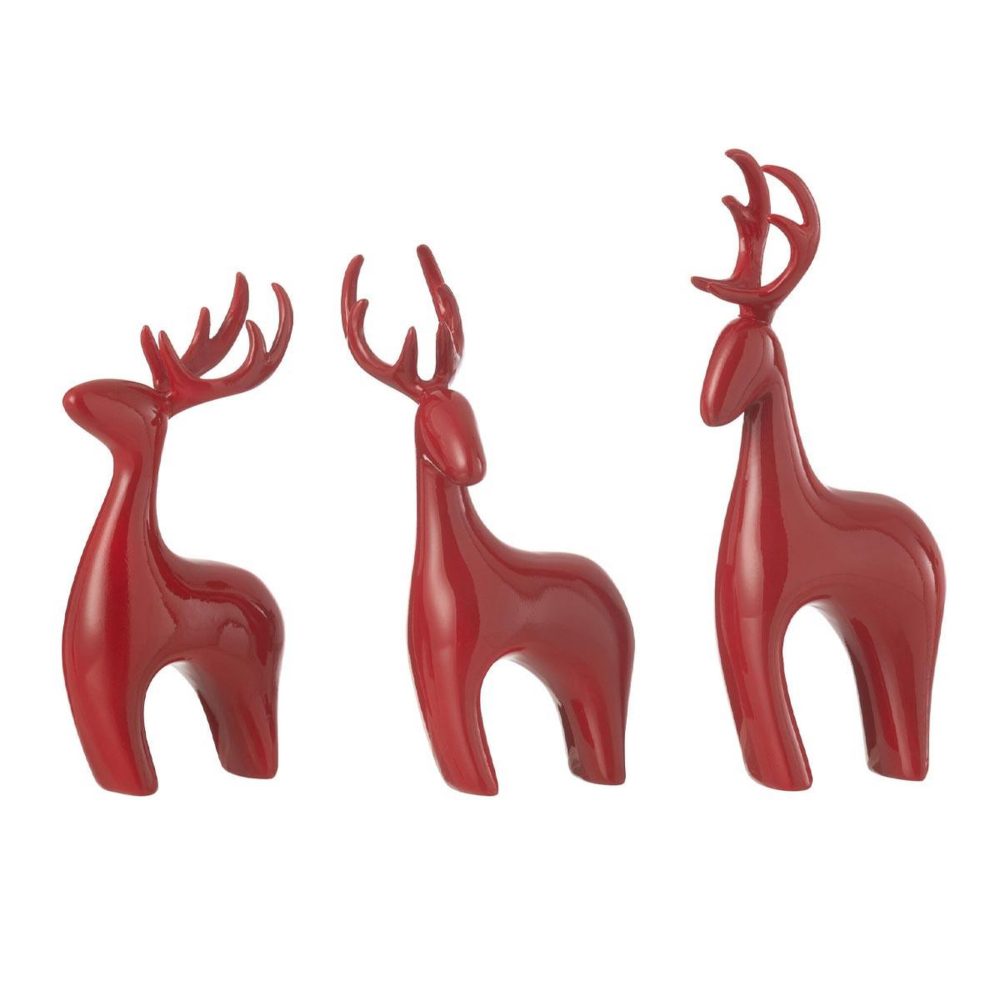 J LINE Lot de 3 rennes déco electro 16cm rouge