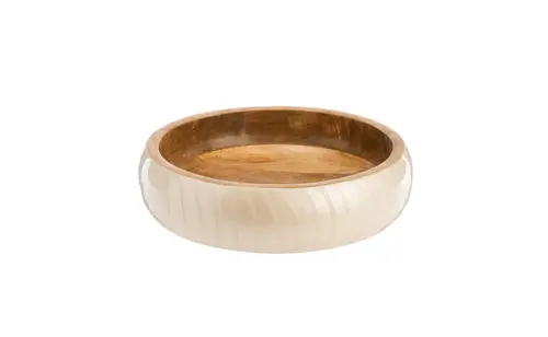Saladier plat en bois de manguier naturel émaillé ivoire - Ø 25 x H 7 cm