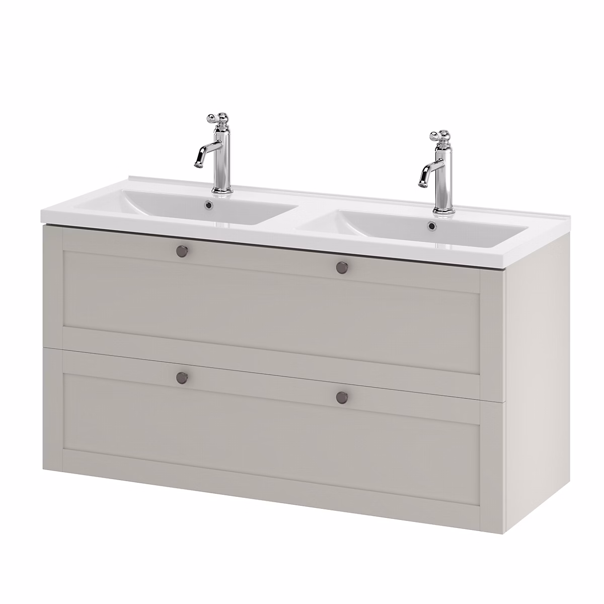 Meuble sous vasque suspendu taupe l.120 cm 2 tiroirs Imandra + plan double vasque blanc céramique Nira – GoodHome