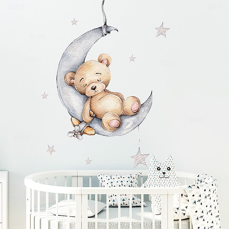 Décoration murale et accessoires déco – BASHLWUA Stickers Muraux Forme D'Ours Sur Les Nuages Autocollants Muraux Lune éToile Ballon D'Air Chaud Sticker Mural Sweet Dream