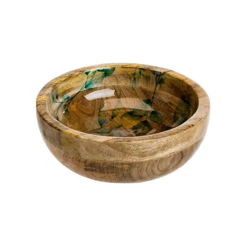 Coupe en bois de manguier à décor de feuillage vert petit modèle - Ø 15 x H 5 cm