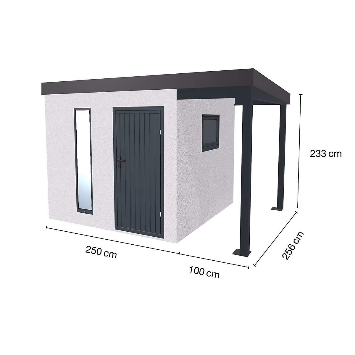 Abri de jardin en métal finition crépi 2500 × 2560 mm blanc avec auvent à droite 1000 × 2560 mm anthracite